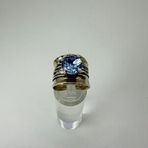 Zuman Israel 925 Sterling Silver Blue Crystal Wide Hammered Band Ring Size 7.25